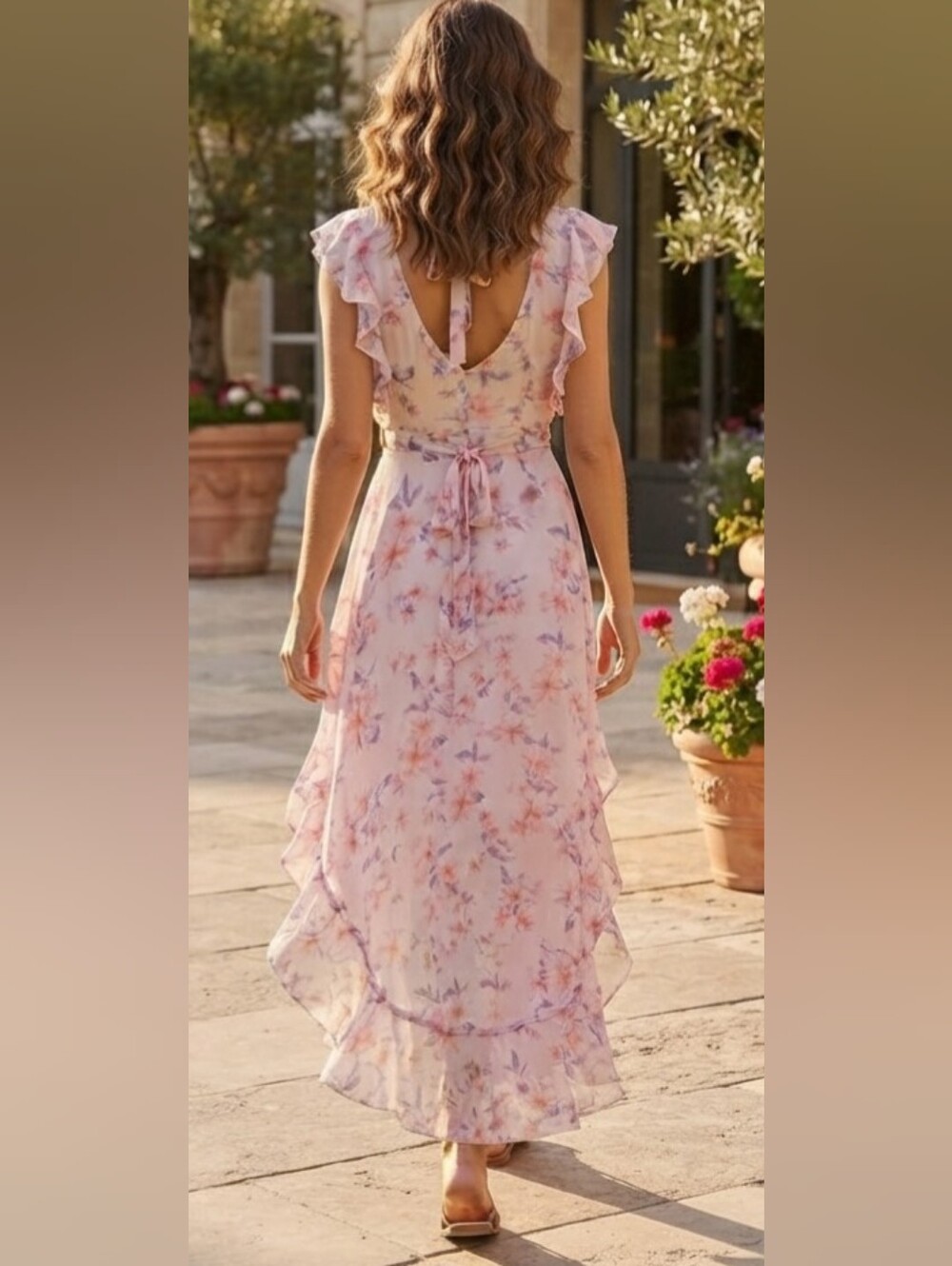 Almost Famous Womens L Ivory Floral Chiffon Maxi Dress V-Neck Ruffle Sleeve Zip